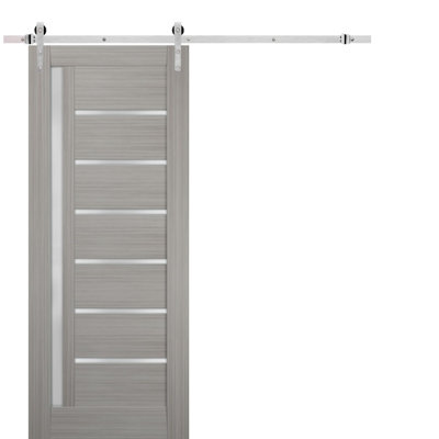 Quadro Frosted Glass Panelled Manufactured Wood Barn Grey Door with Installation Hardware Kit