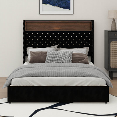 Structure de lit avec tête de lit capitonnée en velours et 52 po de hauteur, ports USB et tablette, lit plateforme à oreilles