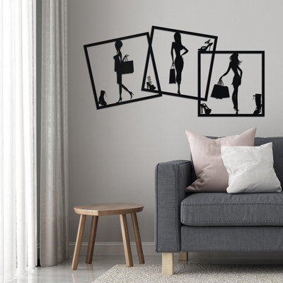 Ensemble de 3 art mural mode en métal, silhouette de femme faisant des emplettes, décoration murale glam, art de salon, cadeau pour elle, placard ou boutique