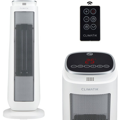Climatik Oscillating White Tower Fan Heater, 2 Power Settings, LED Display with Timer & Remote