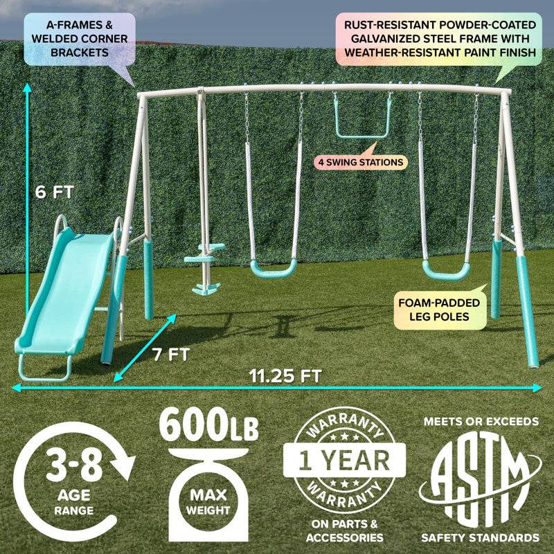 Teal Metal Swing Set with Slide and Trapeze