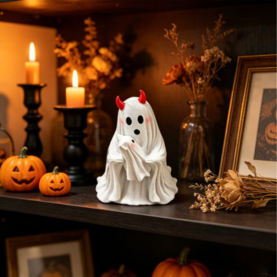Halloween Decor Halloween Ghost Figurine With  Horns Cute Blush Ghost Holding Mini Ghost Statue Spooky White Fabric Ghost Ornament For Home Tabletop S