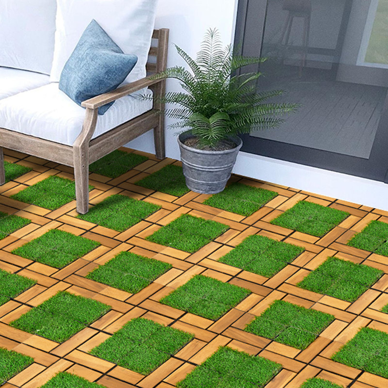 Carreaux de terrasse en gazon artificiel et en bois d'acacia (paquet de 30, 12 po x 12 po) - Planchers hybrides intérieur / extérieur pour patio, balcon et pelouse - Installation facile par encliquetage, sans outils, toutes saisons et animaux de compagnie