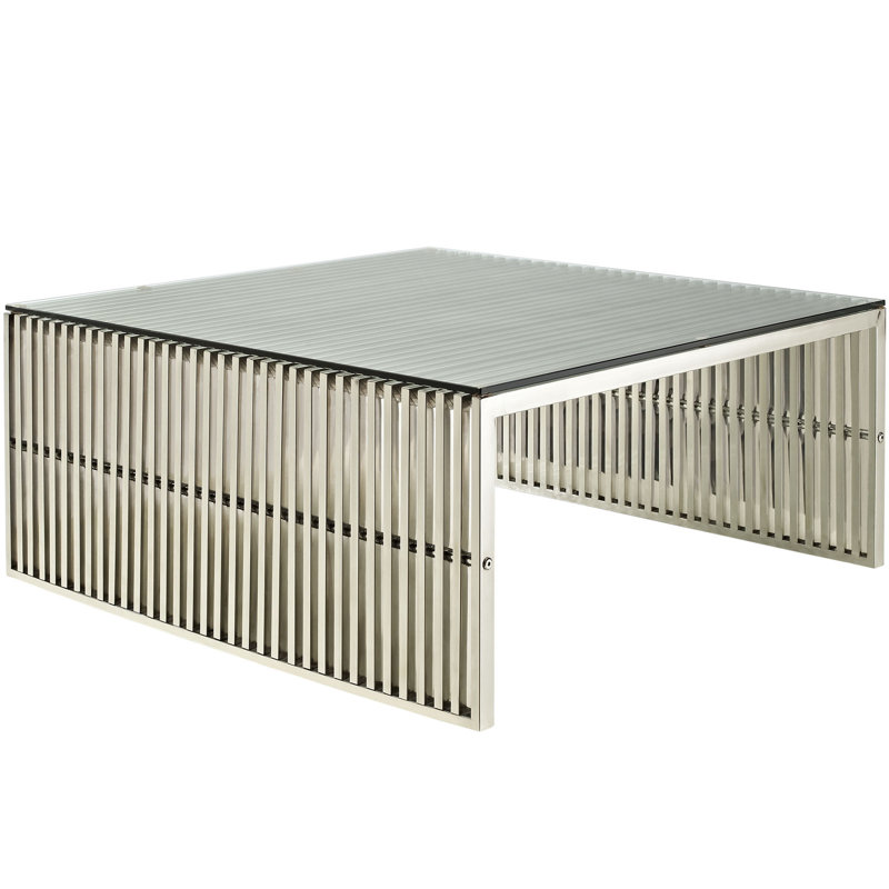 Petite table basse Gridiron en acier inoxydable avec plateau en verre trempé, Argent