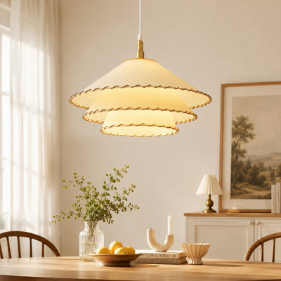 Modern 3-Tier Fabric Pendant Light with Hand-Stitched Rope Trim, Dimmable Hanging Lamp for Dining Room, Kitchen Island, Living Room
