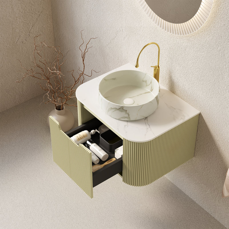 Meuble-lavabo flottant 24 po avec lavabo vasque, armoire en contreplaqué nervuré courbé, tiroir à fermeture en douceur, plateau en pierre