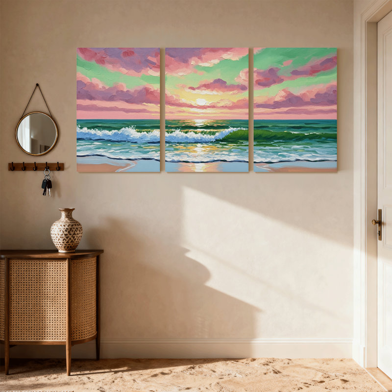 Nautique et plage coucher de soleil océan vagues ciel nuages plage horizon couleurs ensemble de 3 impressions d'art sur toile