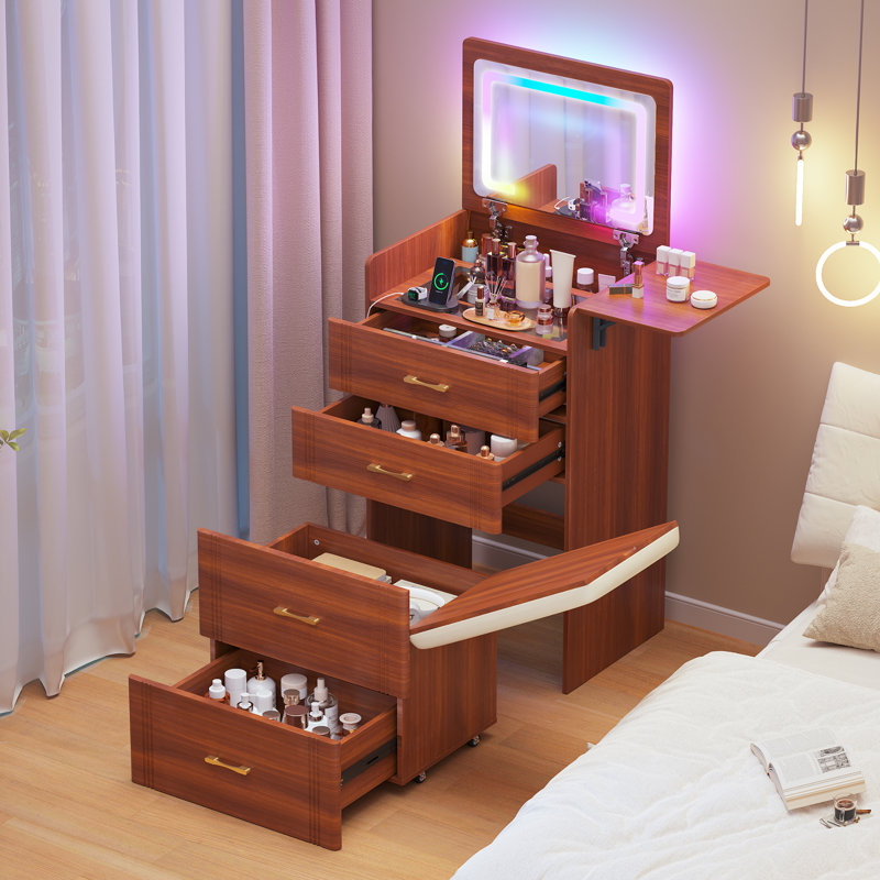 3-in-1 Dressing Table Set with Mirror & RGB Lights, Vanity Desk with Charging Station & Stool, Brown