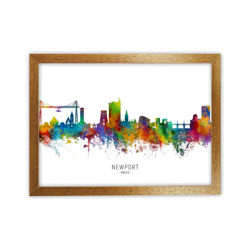 Newport Wales Skyline by Michael Tompsett - Print, 34cm H x 46cm W x 3cm D, Brown Framed