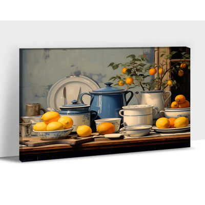 Adriany Vintage Kitchen Tableware Painting Prints Rustic Lemons Food Still Life Picture Poster Kitchen Decor for Wall Dining Room Canvas Artwork Ready to Hang Framed, 12×16 Inches