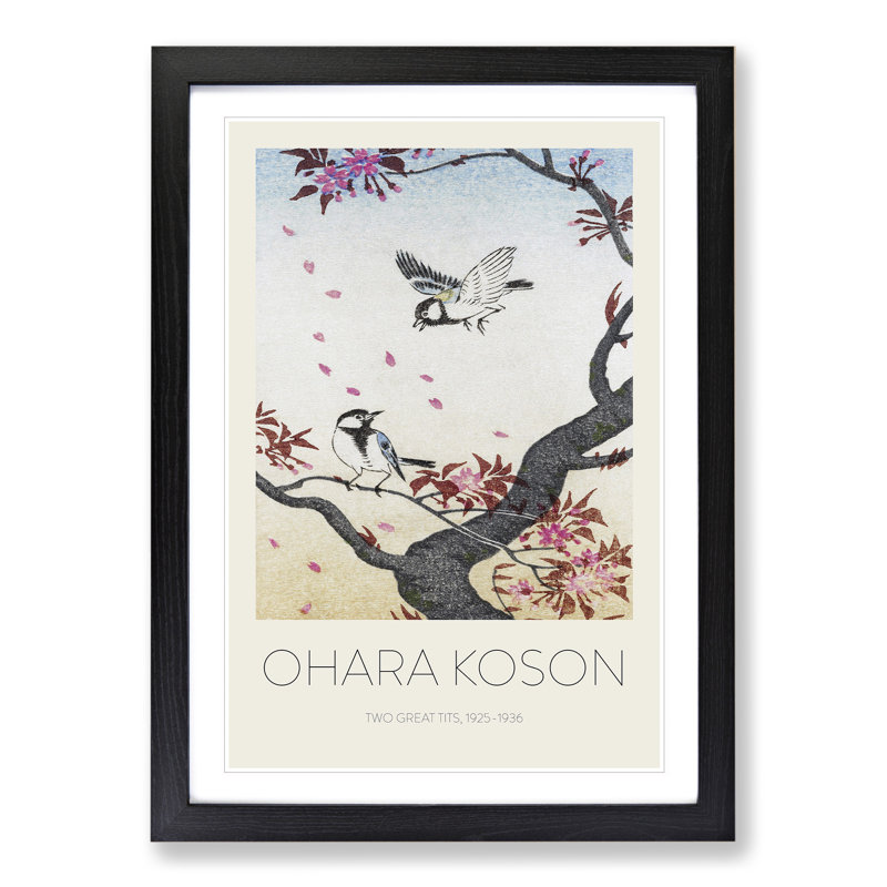 Two Great Tits on Blossom Tree by Ohara Koson - Picture Frame Painting, 48cm H x 36cm W x 2cm D, Black Framed