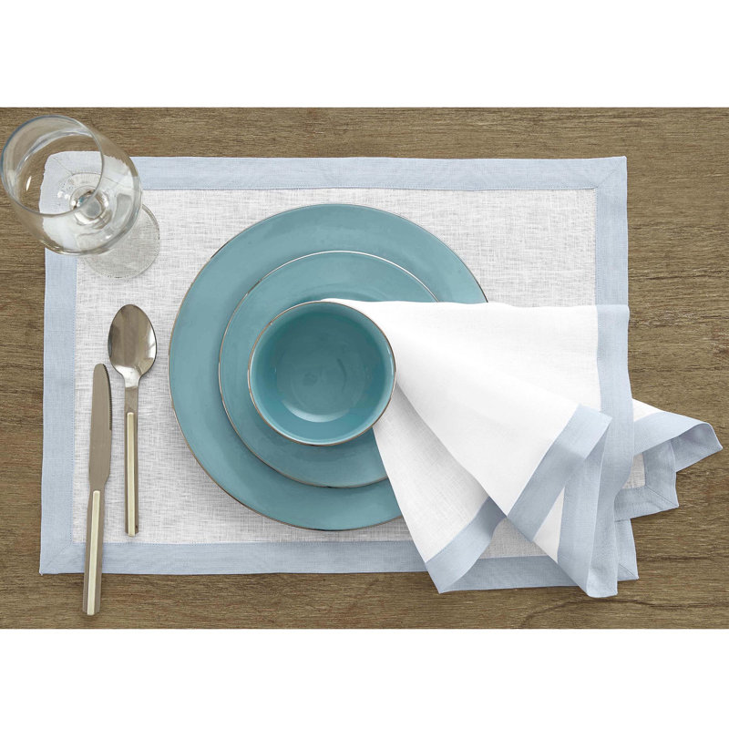 Classic - 100% Pure Linen Dinner Napkins, Light Blue/White