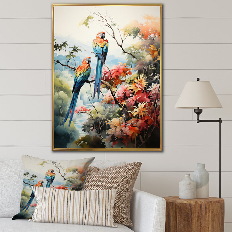 Deux perroquets sur une branche II - reproduction sur toile, Cadre flottant doré, H 44 po x l 34 po x P 1,5 po