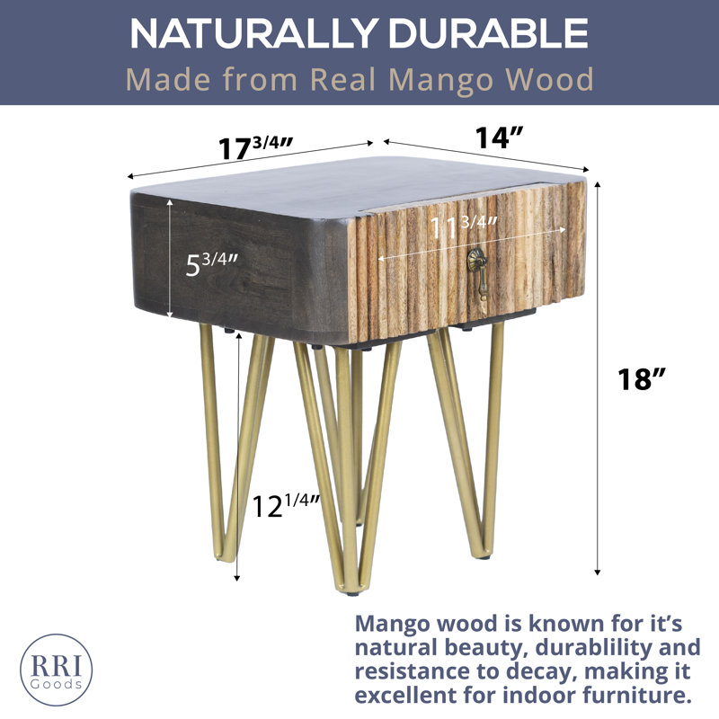 Rustic Mango Wood Bedside Table with Golden Metal Legs and Drawer
