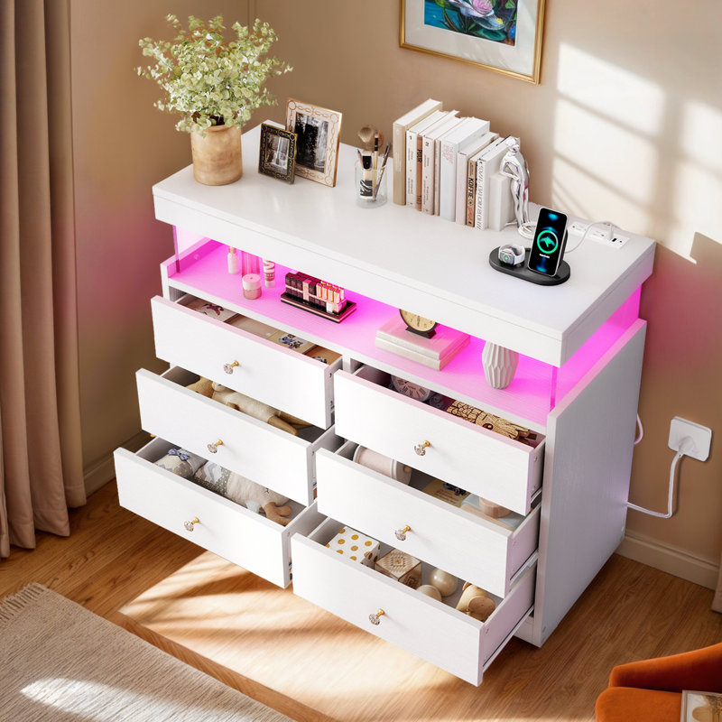 Commode décorative 6 tiroirs 39,3 po avec 2 tablettes ouvertes et lumière DEL, Blanc