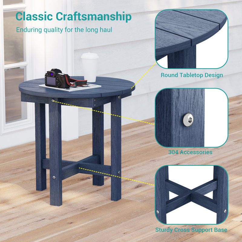 Round HDPE Plastic Wood Side Table – Durable Outdoor Accent Table for Patio, Garden, and Balcony, Navy
