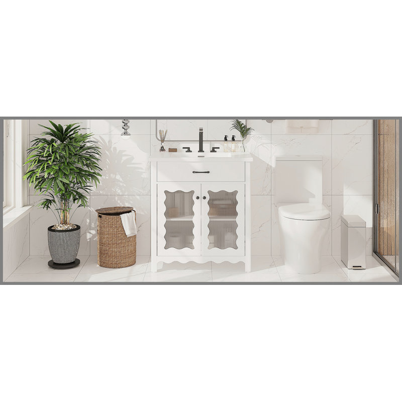 Meuble-lavabo moderne de 30 pouces avec verre trempé, portes à fermeture douce et pieds en bois d'hévéa durable, blanc