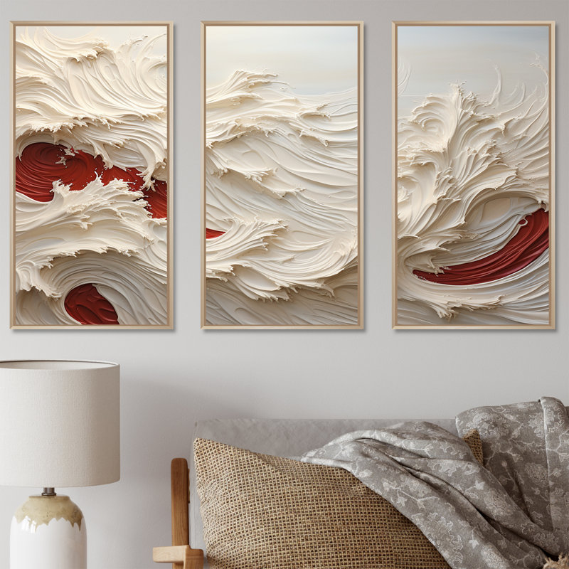 Ensemble de décorations murales vagues blanches et rouges style côtier, H 40 po x l 60 po x P 1 po, Cadre naturel flottant