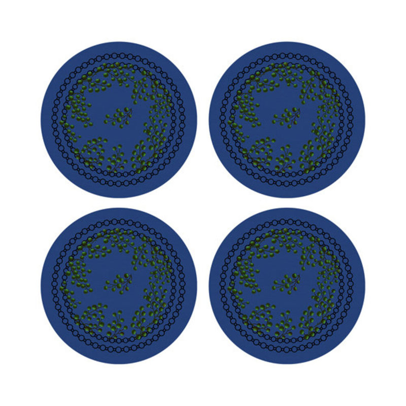 Christmas Berries Vegan Leather Round Coasters, Green Blue