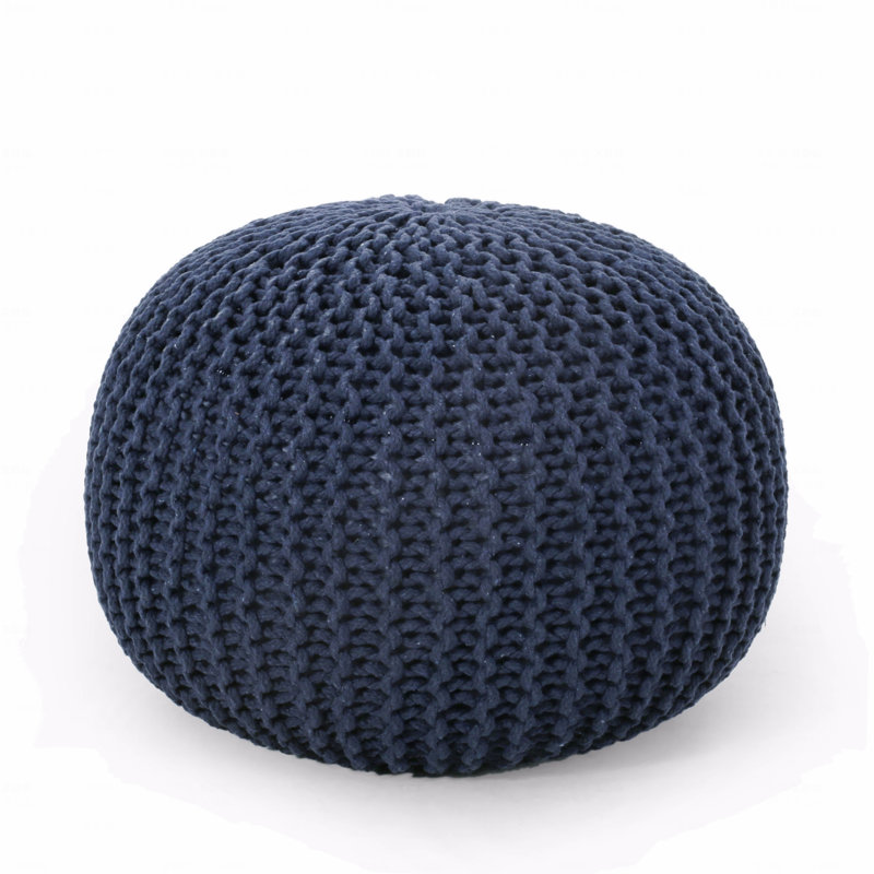 Cotton Upholstered Round Pouf Ottoman, Navy Blue