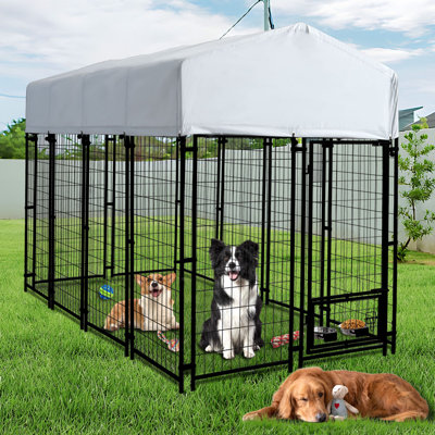 8x4x6 Ft Dog Kennel Outside, Heavy Duty Outdoor Dog Kennel Enclosure with Waterproof Roof Cover,Secure Lock & 2 Rotating Bowl