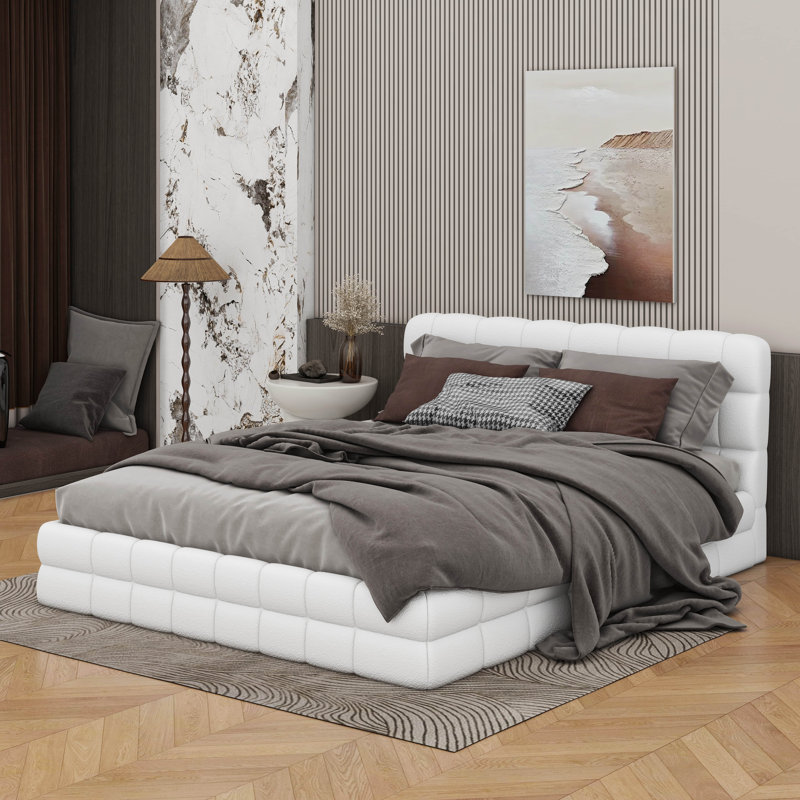 Queen Size Upholstered Platform Bed, White