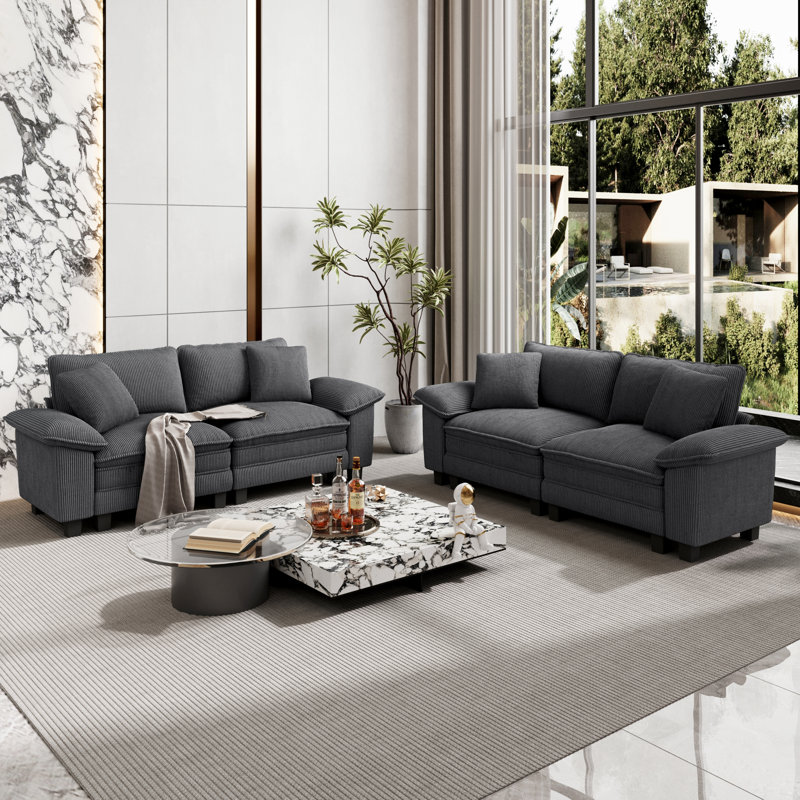 Ensemble de canapé modulaire rembourré 2 pièces, ensemble de canapé surdimensionné avec causeuse, Velours côtelé gris