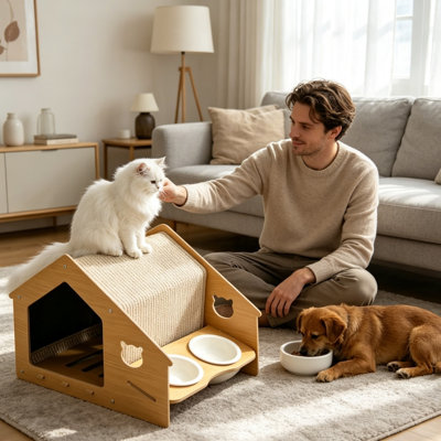 4-in-1 House Shape Wooden Pet House with Cat Scratcher Roof & Double Ceramic Bowls, All-Season Indoor Cat Dog Cave Shelter, Multi-Functional Pet Villa for Small Medium Kittens Puppies