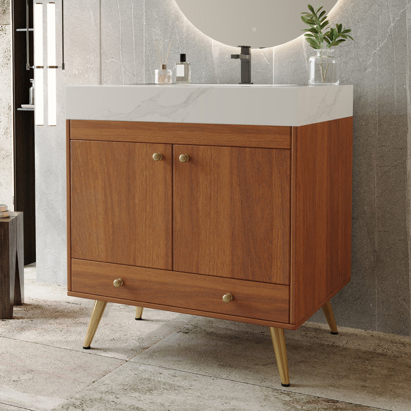 Meuble-lavabo autoportant moderne de 30 po avec plateau en pierre frittée, lavabo en céramique blanche et pieds dorés, armoire de rangement