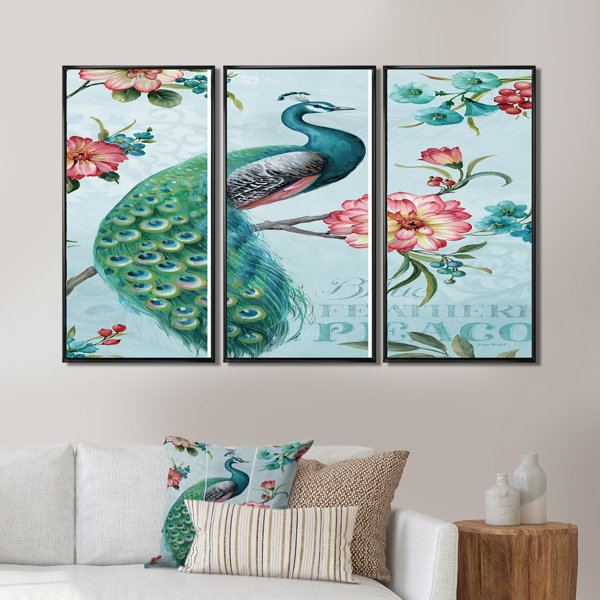 DesignArt Peacock Framed On Canvas 3 Pieces Print | Wayfair