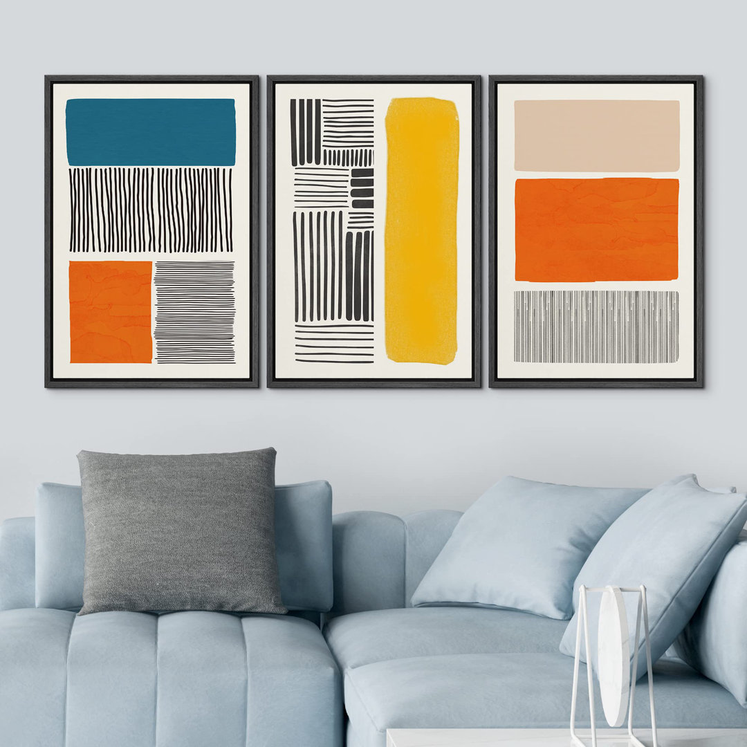 Abstract Vibrant Color Blocks " Bright Color Block Collage Abstract Shapes " 3 - Pieces IDEA4WALL Frame 