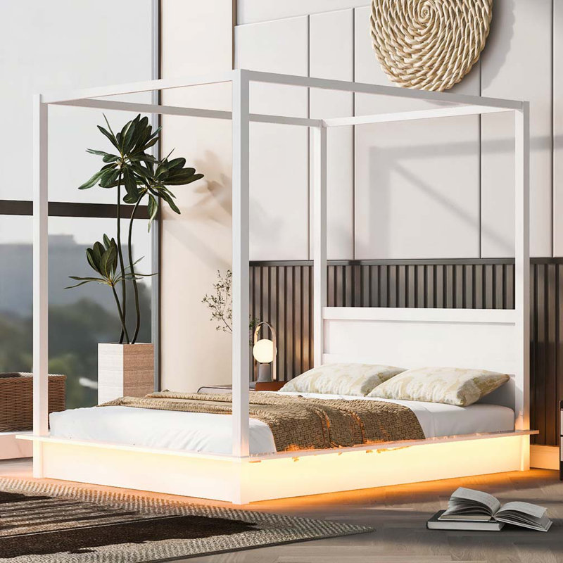White Queen Size Wood Canopy Platform Bed with LED Lights & Support Slats – No Box Spring Needed, Queen