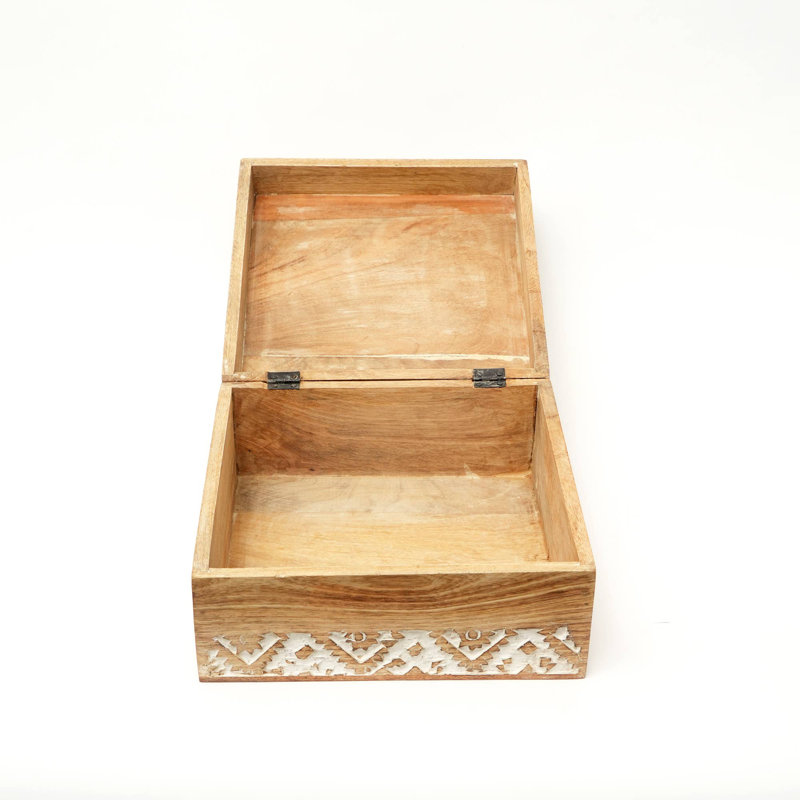 Boîte décorative | Boîte de rangement en bois sculpté à la main | 10 x 10 x 3,5 po, H 3,5 po x l 10 po x P 10 po