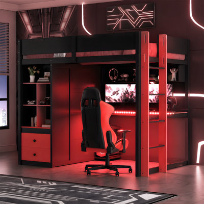 Kids'Loft Bed with Built-in Desk, Wardrobe and Shelves, Workstation with LED Lights and USB Charging, Wood, Modern, Teen's Bedroom