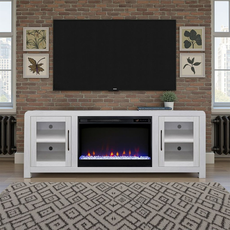 Meuble télé Haven 65 po avec portes en verre, pour téléviseur de 75 po ou moins, assemblage minimal, finition blanche