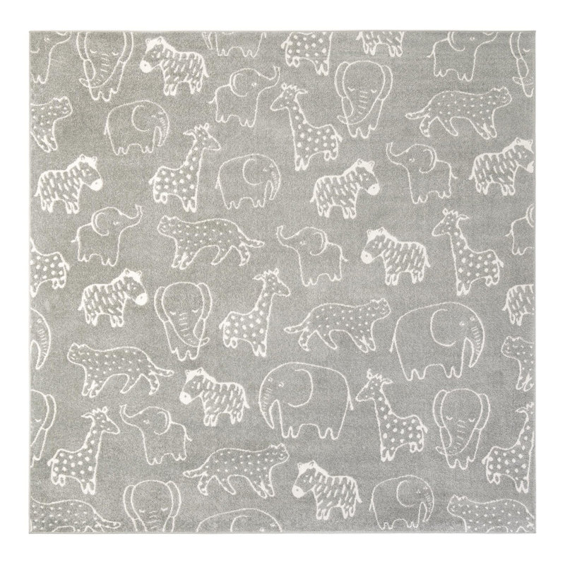 Whimsy Safari Animals Kid Rug, Gray/Ivory, Square 10'