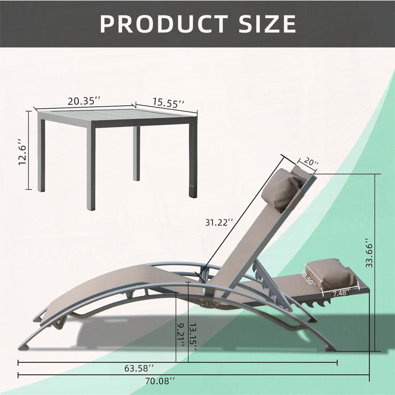 Ensemble 3 chaises de piscine avec chaises réglables en aluminium et table d'appoint, Kaki