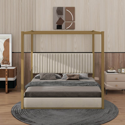 King Size Upholstery Canopy Platform Bed With Headboard And Metal Frame