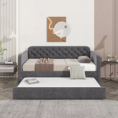 Upholstered Daybed with Trundle and USB Charging Design, Velvet Upholstered Daybed Frame
