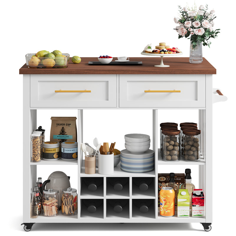 39.4'' L Modern Rolling Kitchen Island With Drop Leaf Countertop And Wine Rack, Wooden Kitchen Cart With 2 Storage Drawers And Towel Rack