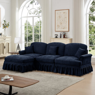 Mid Century 3 Blue Chenille With Ruffles Pleats Skirts, Flared And Movable - Elegant Functional 3 Modular Sectional Couch , Removable Spindle Legs Comfort For Diverse Needs