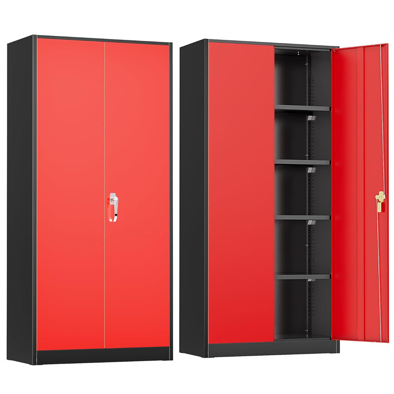 Steel Single Storage Cabinet with Lock ( 72'' H x 32'' W x 16'' D), Black/Red