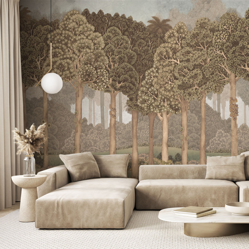 Papier peint Serene Greenery And Blooming Trees, Brun, L 110,04 po x l 204 po