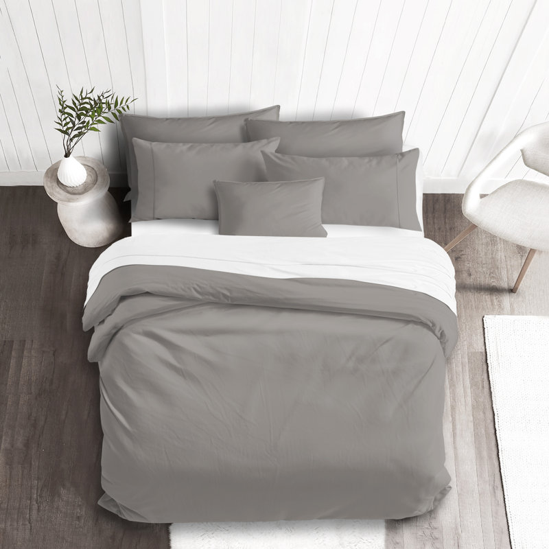 Ensemble de couvre-lit 100% satin de coton Everleigh, Couvre-lit simple + 3 pièces supplémentaires, Gris pierre