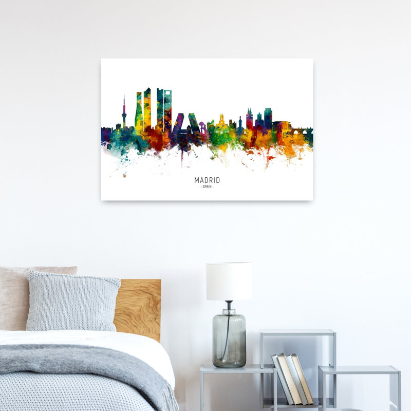 «Vibrant Madrid Skyline», art contemporain urbain, H 24 po x l 36 po