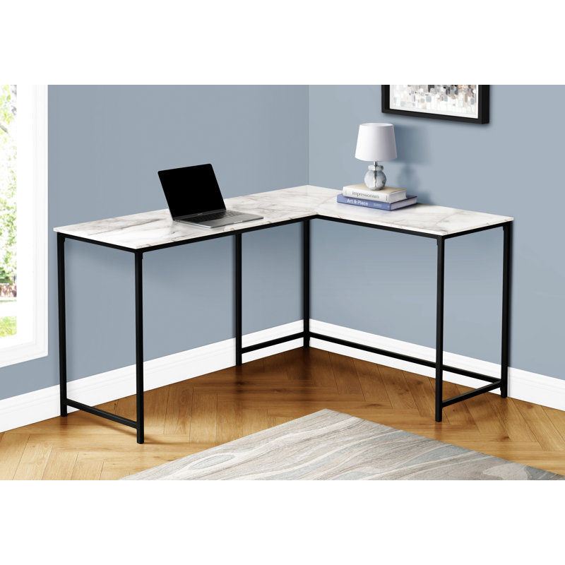 Bureau d'ordinateur, bureau personnel, coin, forme de L, bureau, ordinateur portable, stratifié aspect marbre blanc, métal noir