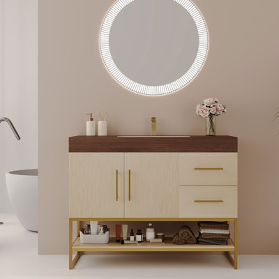 Meuble-lavabo de 36 pouces avec ornement en acier inoxydable doré, lavabo en céramique sans soudure et tiroirs coulissants en bois d'eau contemporain, poignées teintées