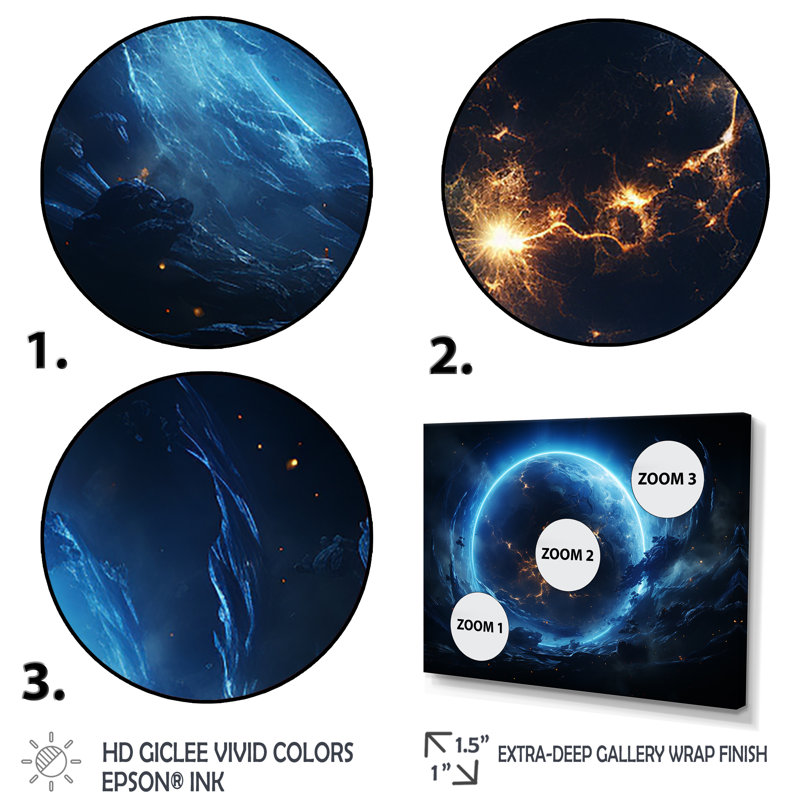 Blanc et bleu, espace cosmique II, art mural, Cadre flottant noir, H 34 po x l 44 po x P 1,5 po
