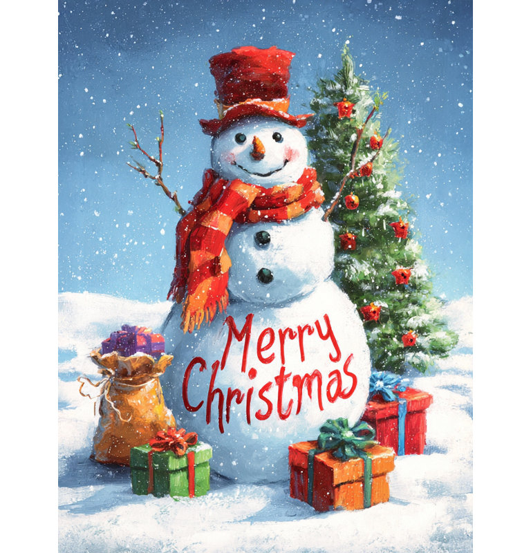 Cheerful Snowman Greeting Wrapped Canvas Wall Art