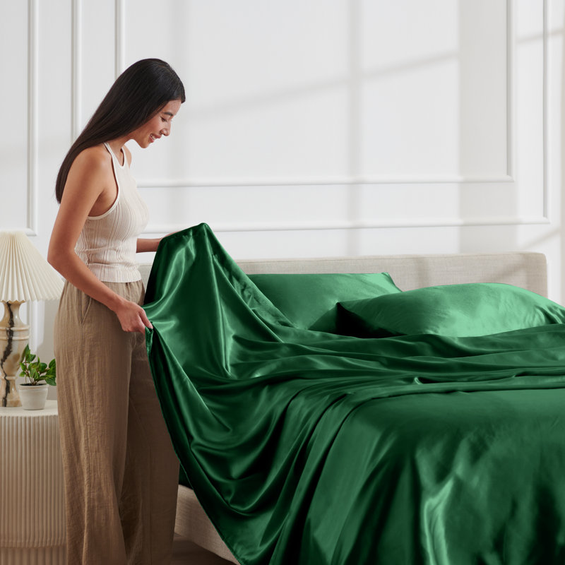 Ensemble de literie en satin, Ensemble de draps pour grand lit avec 2 taies d'or, Vert forêt